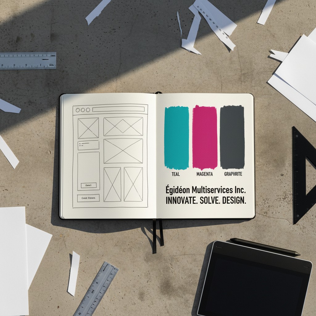 Égidéon Multiservices Inc. portfolio featuring wireframes and colour choices in teal, magenta and graphite.