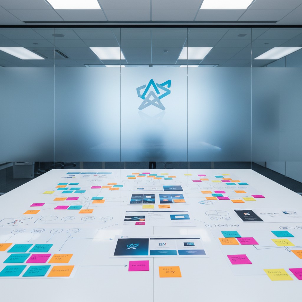 [alt text] A large white table in a meeting room surrounded by glass walls, covered in flowcharts and post-it notes, likel...